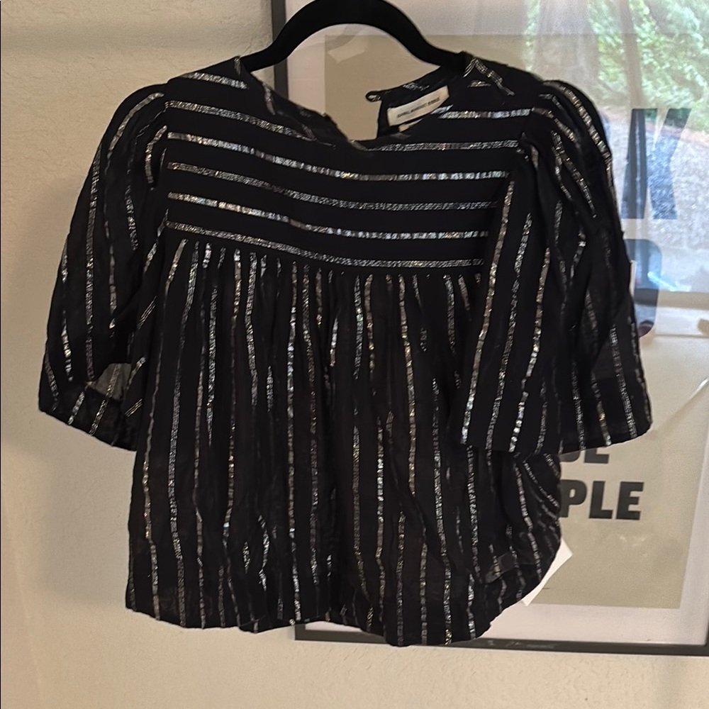 Isabel Marant Black and Silver Smocked Puff Sleeve Blouse